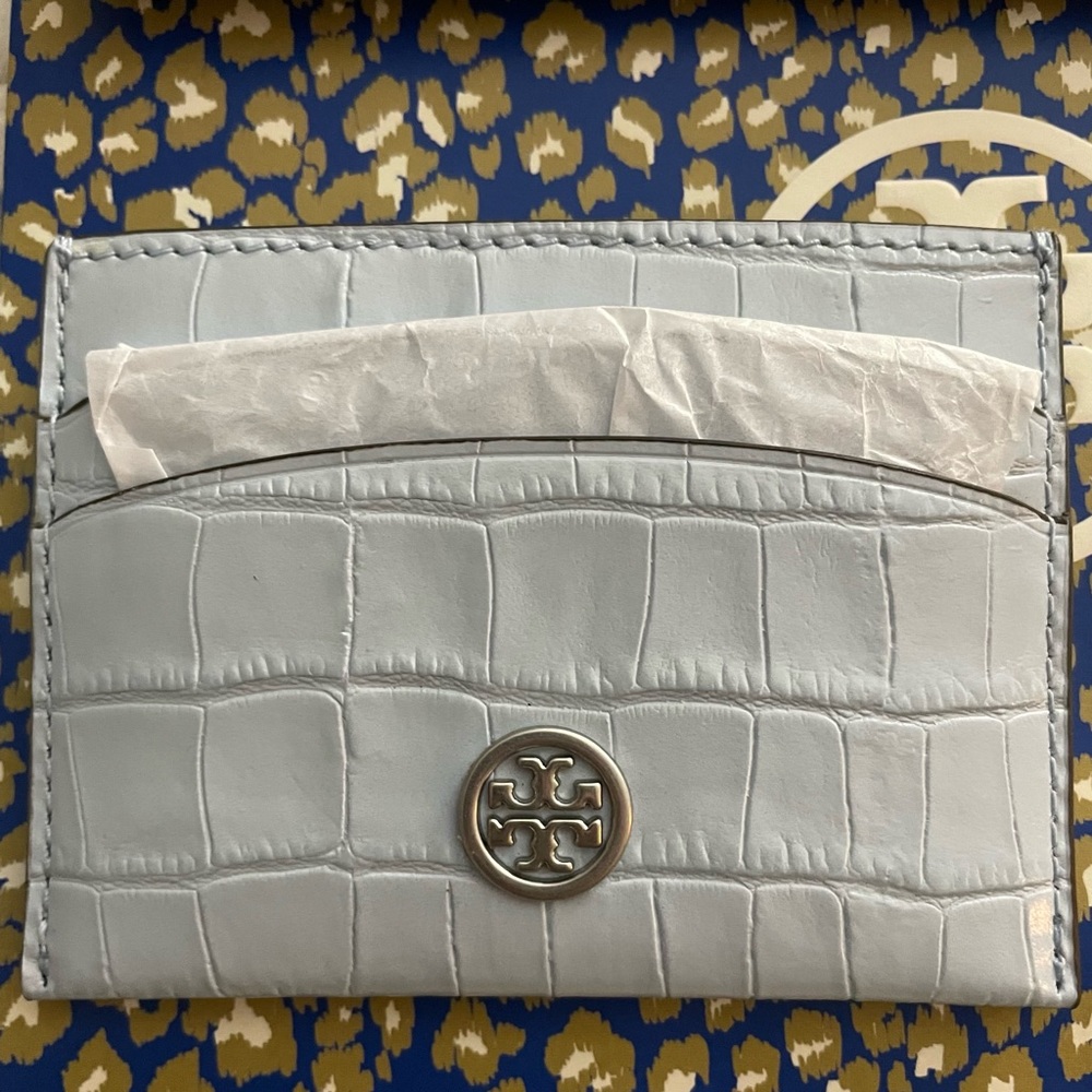 Tory Burch Robinson Embossed Card Case in color Blue Mist. Brand new